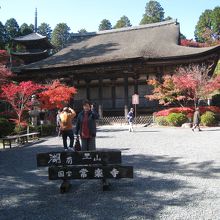 紅葉と国宝の本堂、左側奥に三重塔