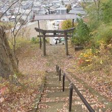 東町の歌舞伎舞台のある祢津日吉神社・参道（石段上から）