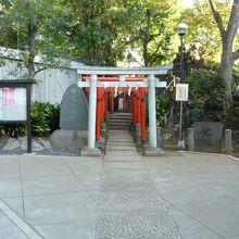 甲賀稲荷神社の石の鳥居と奥の赤色の鳥居の列です。右に富士築山