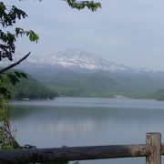 ダム湖の向こうに旭岳