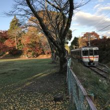 長篠城址の中を横切る電車