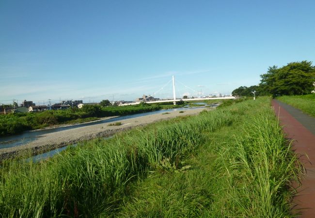 浅川に架かる白い、大きい綺麗な吊橋で、遠くからでも目標になる目立つ橋です