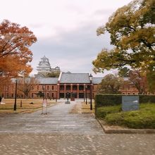 姫路美術館の背景に姫路城がみえる