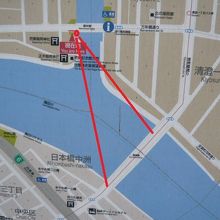 ケルンの流れの碑から、清州橋を見る角度です。東側が見えません