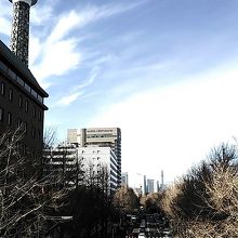 歩道橋の上から。通り沿いにはマリンタワーなど