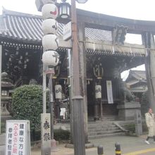 道路側から鳥居越しに眺めた楼門の様子。色々と煩雑…。