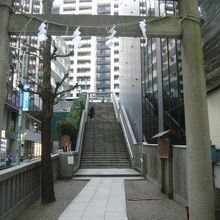 宮益坂から見た宮益御嶽神社の鳥居と奥の階段です。階段は長い