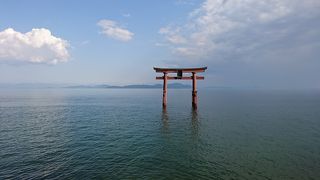 琵琶湖に浮かぶ赤い鳥居が美しい