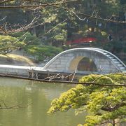 池の中央に位置する橋