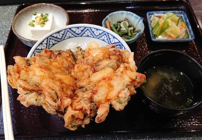 豪快なサイズのシーフードと野菜のかき揚げ天ぷらが載った海鮮天丼が最高。強羅にあるお店。