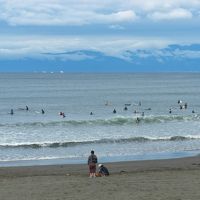 江の島の海岸はサーファーで一杯です