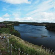 沼畔のベンチで昼食