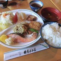 夕食の一例。鮭塩焼きや豚角煮・コロッケなどの定食でした。