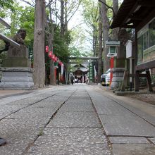 旧青梅街道街道から石段を上がると、参道の先に拝殿が拝まれる。