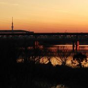 土手からの夕焼けはスカイツリーが見えて素晴らしいです