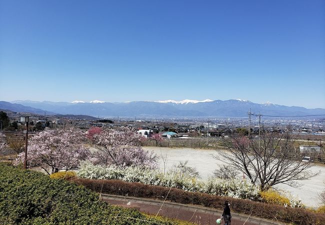 花の時期は絶景が広がります。南アルプスほか甲府盆地の山々が見れます。