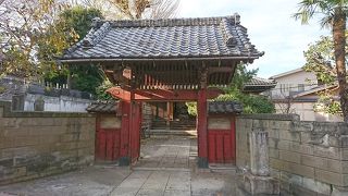 赤い四脚門の山門が印象的