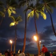 松明の明かりでヤシの木が照らされた夜のテラス席はお勧め