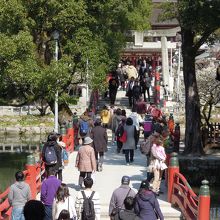 橋を渡る参拝客