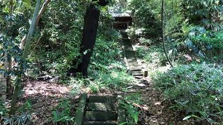 幅の狭い石の階段を上って社殿まで