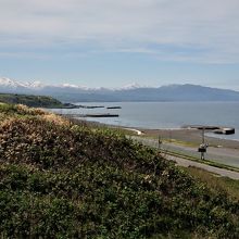 冠雪した山頂と新緑のコントラストが素晴らしい