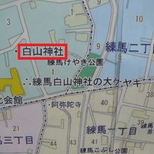 練馬白山神社の場所を示す地図です。文化センターの西北です。