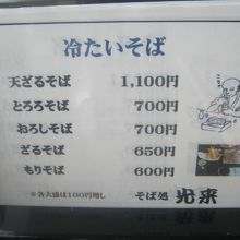 冷たいそばメニュー表の様子
