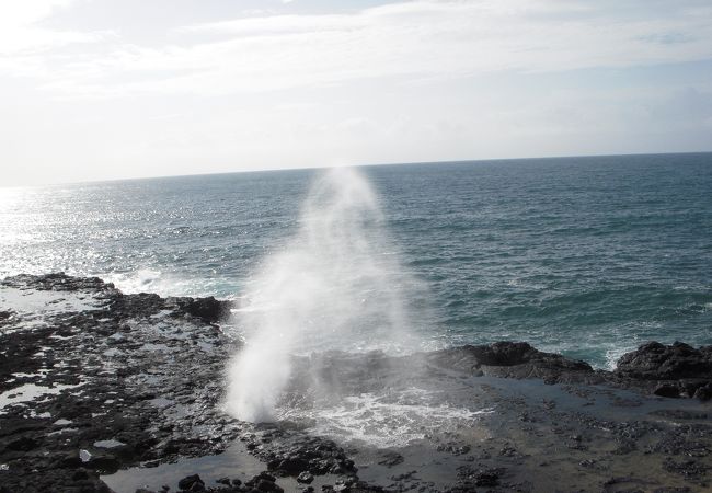 溶岩でできた岩の穴から波で押し出された海水が勢いよく潮を噴く潮吹き穴（スパウティング・ホーン）