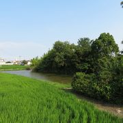 居館跡、堀などが残る。