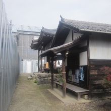 工事フェンスで覆われた本堂域と仮本堂の様子