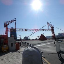 時間になり遮断機が下りはじめると観光客が車道に飛び出す