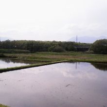 水が張られた田んぼが広がり広大な湖を見てるよう