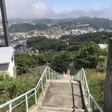 階段の左眼下に入江運動公園、近くに室蘭駅もみえます