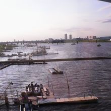 青空の中で江戸川上を浮かぶ船がきれいに見渡せました