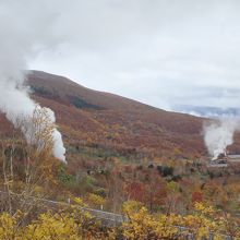 地熱発電の白い蒸気が上がる