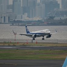 滑走路の奥には港の設備などが見える