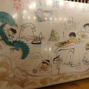 2階席には、草津温泉にゆかりのある漫画家が旅の記念に書いた「草津いい湯だな！　漫画集団1980.6.9」の大きなパネルがあります