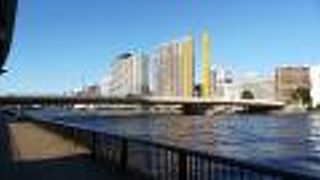 黄色ポールが目立つ橋です