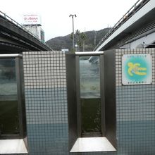 堤防の断面がガラスで水中が見えます。