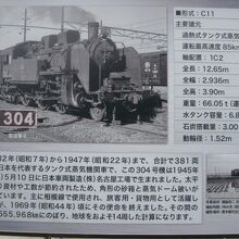交通公園の中に置かれた蒸気機関車の性能、経緯等の解説板です。