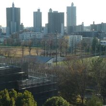 所沢航空記念公園の東側の高層ビル群です。手前は、テニスコート