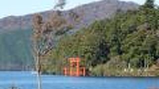 芦ノ湖にひときわ映える赤い鳥居