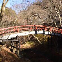 紅葉に包まれた河鹿橋の風景