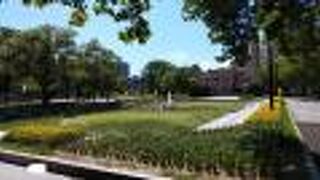 草花と中央の噴水がシンボル