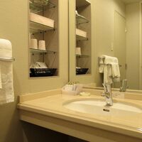 バスルームも質感高め、洗面台にはミキモトのアメニティ