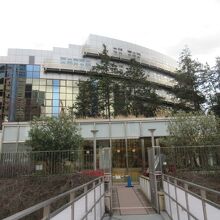 桜田通りの歩道橋からオランダヒルズのカフェと後ろの大使館