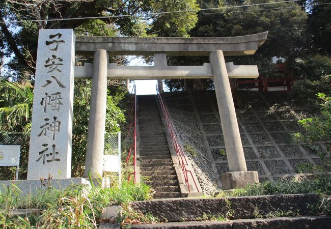 子安八幡神社の社殿・社務所は建替え工事中でした。