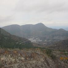 大涌谷⇒早雲山のロープウェイ左手に仙石原と金時山が見える