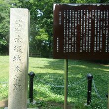 広めの平坦地がある山頂の本丸跡には、石碑と解説板が建っている