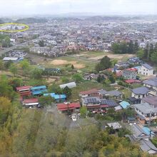 スペースタワー展望室から見た角田駅（黄色の楕円内）方向の町並